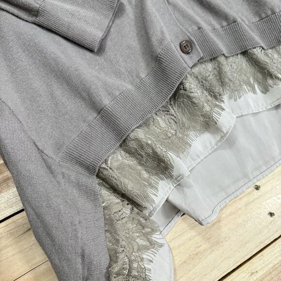 LOGO Gray Cashmere Blend Lace Trim Cardigan Sweater Size‎ L Lagenlook Cabincore - Picture 5 of 8